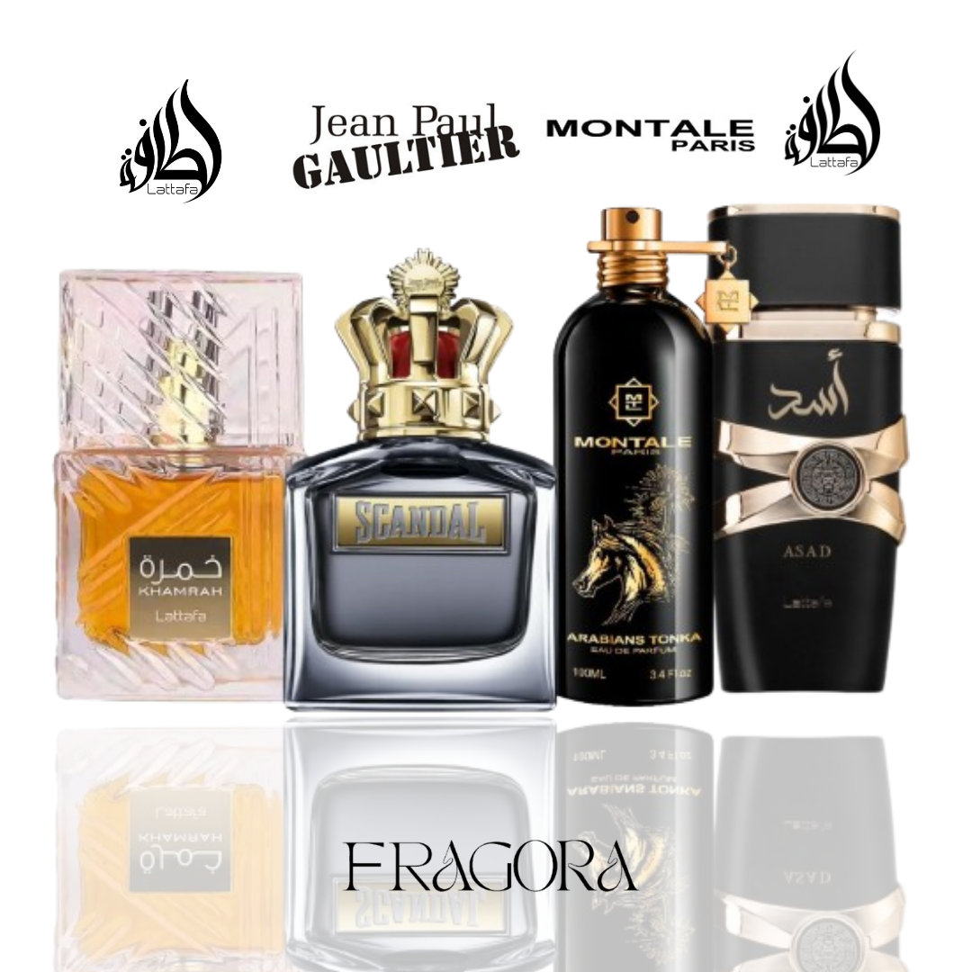 Khamrah, Scandal Pour Homme, Arabians Tonka & Asad Lattafa – Fragora